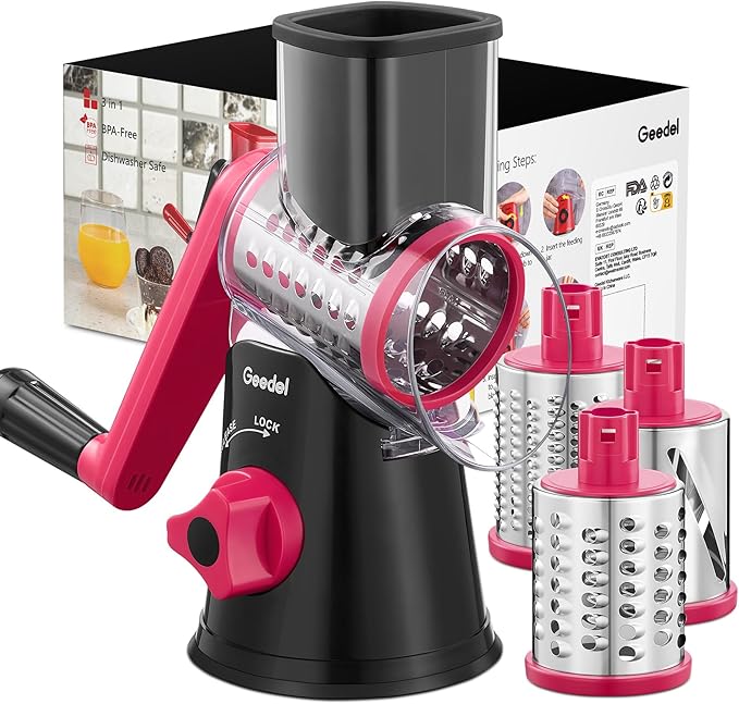 Geedel Rotary Cheese Grater, Kitchen Mandoline Vegetable Slicer with 3 Interchangeable Blades, Easy to Clean Rotary Grater Slicer for Fruit, Vegetables, Nuts