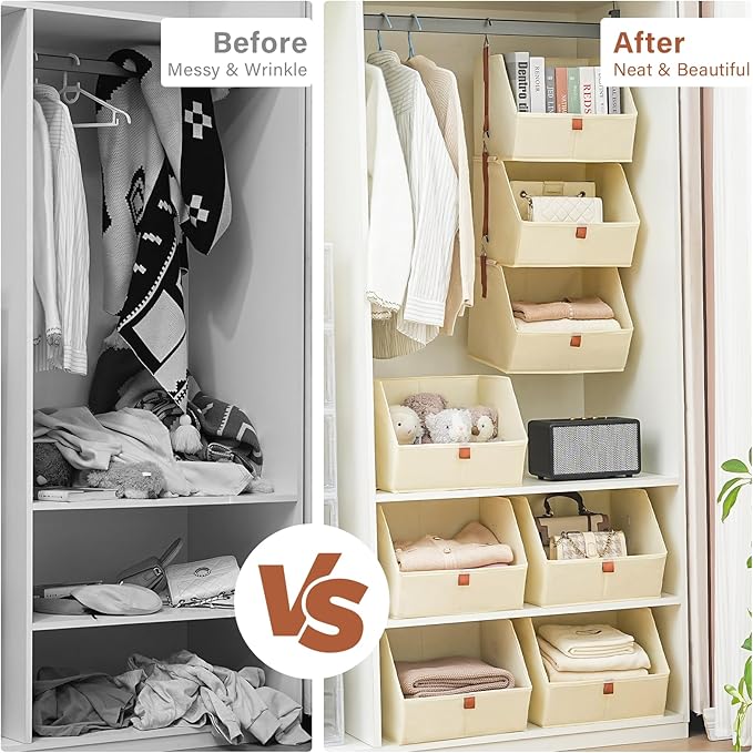4 Tier Hanging Closet Organizer,Disassemblable Clothes Hanging Shelves,Fabric Closet Organizer System for Space-Saving,Foldable Storage Basket for Bedroom, Rv (2 Pack,Beige)