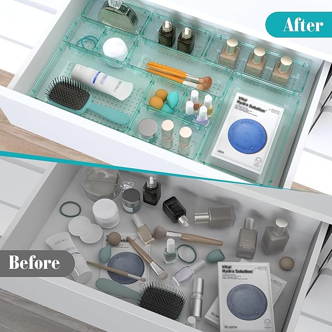 7 PCS Clear Plastic Drawer Organizers Set, Sea Blue