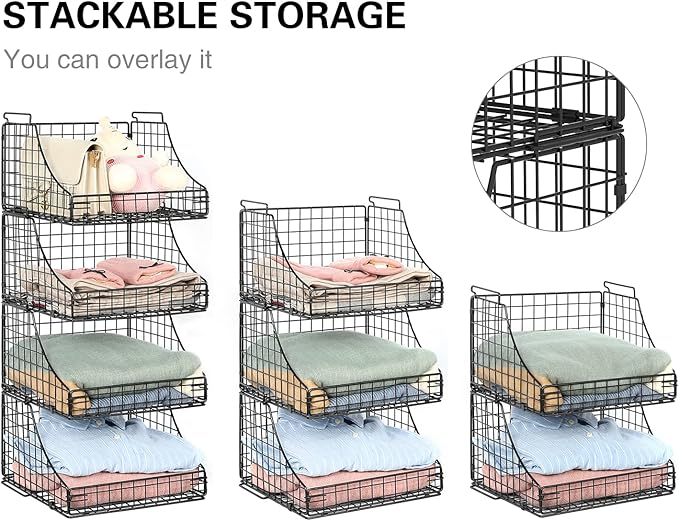 Lyuwanxian 4-Pack Stackable Wire Baskets for Closet Organizers and Storage, Open Storage Bins for Clothes, Toys, and Snacks - Rustic Metal Closet Organizer and Shelves in Black