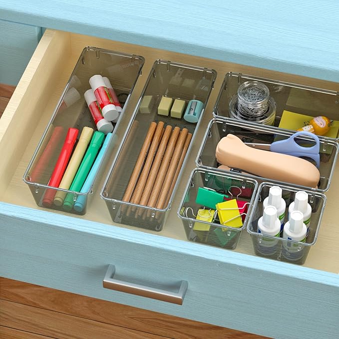 9 Pack Clear Drawer Organizer Set, Acrylic Drawer Storage Trays, Black