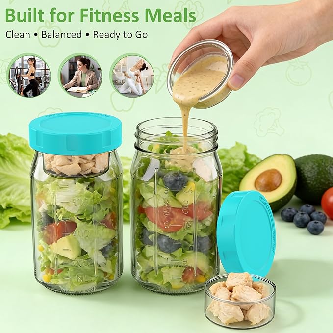 4Pack Glass Salad Jars with Lids, 32oz Salads Mason Jars with Wet/Dry Separation Cup, Meal Prep Salad Containers for Lunch