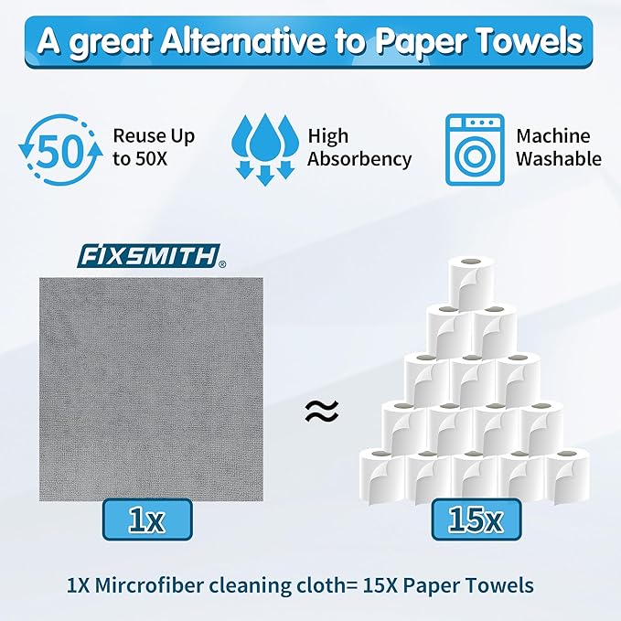 FIXSMITH Shop Towels, Pack of 100, Grey Microfiber Cleaning Cloth Bulk, Microfiber Towels for Cars, All-Purpose Absorbent Cleaning Rags, Dust Cloth for Automotive, Mechanic, Garage, 11.5 x 11.5 inch