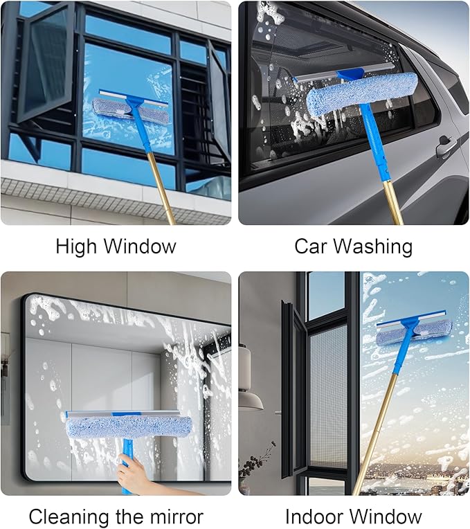 2 in 1 Window Squeegee Cleaning Kit with Aluminum Alloy Extension Poles, Scrubber, Glass Scrapper, Bendable Duster,2 Scrubber Cloth for Window, Car