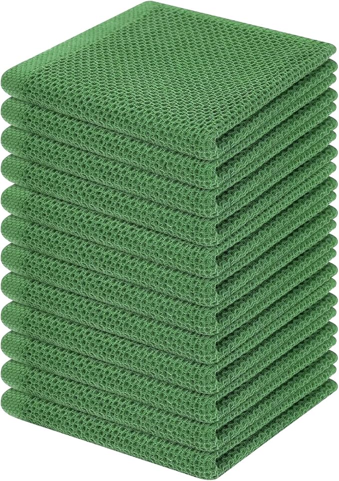 Homaxy 100% Cotton Waffle Weave Kitchen Dish Cloths, Ultra Soft Absorbent Quick Drying Dish Towels, 12 x 12 Inches, 12-Pack, Grass Green