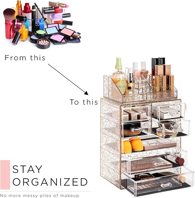 Sorbus Acrylic Makeup Organizer Set, 7-Drawer Vanity & Countertop Cosmetic Storage with Small & Wide Compartments, Glitter Makeup Storage for Brushes