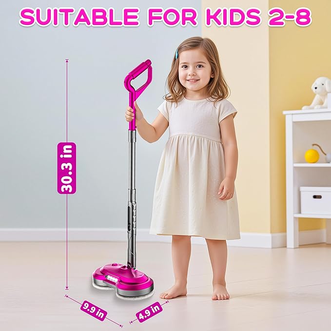 BLAXTEM Kids Electric Spray Spin Mop Toy, Rechargeable Cordless Electric Mop W/ Water Sprayer & LED Headlight for Children Boys & Girls, Cleaning Toy for Pretend Play (Rose Red)