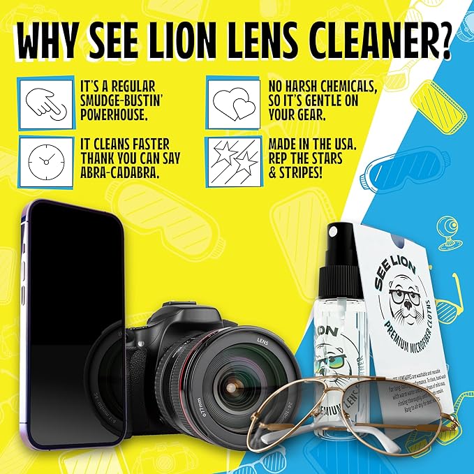 cellhelmet See Lion Premium Lens Care Bundle | Anti Fog Spray + Streak-Free Lens Cleaner with 2 Black Microfiber Cloths | Safe for Glasses, Goggles