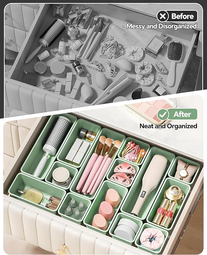 13 Pack Plastic Drawer Organizers Set, Green