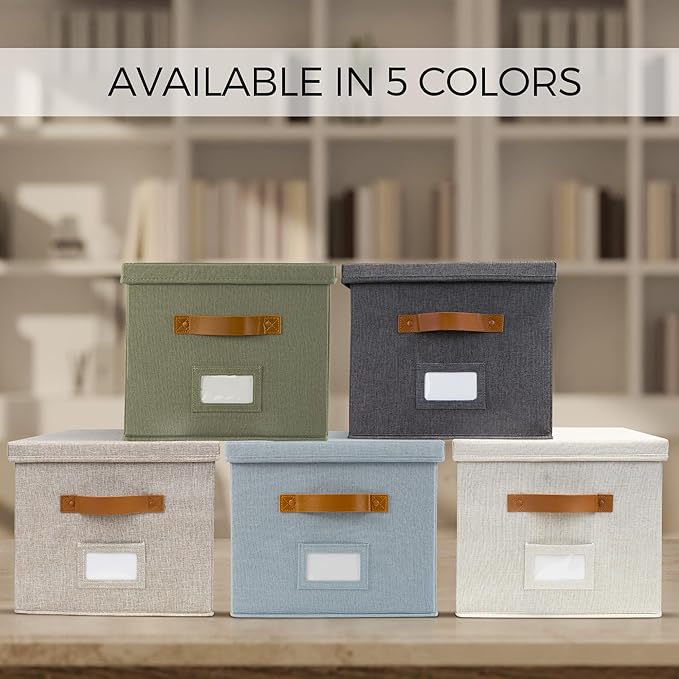 ZICOTO Decorative File Organizer Box Set of 2 - Collapsible Linen Filing Cabinets w/Handles Are Perfect to Store all Your Documents & Hanging File