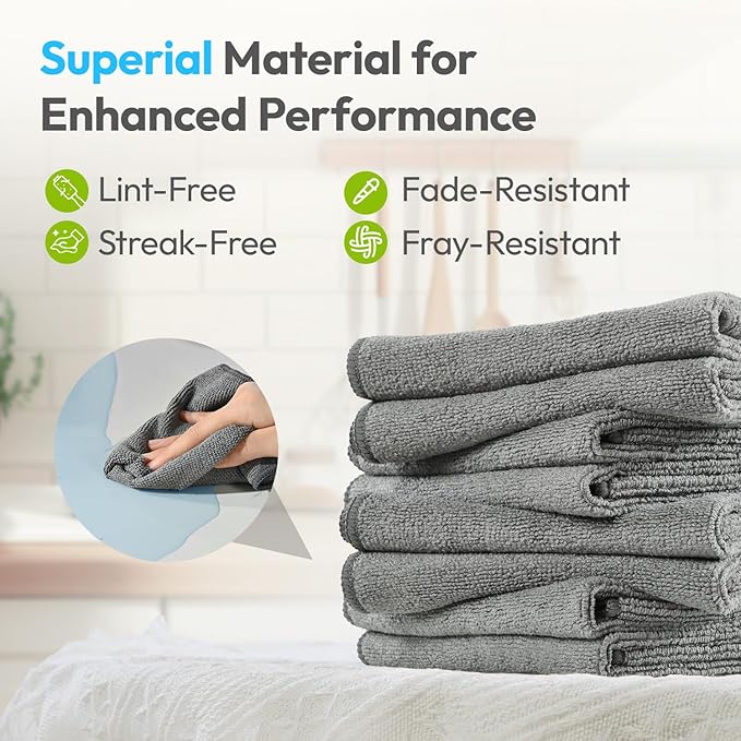 Microfiber Cleaning Cloth 12 Pack - 12x12 Inch Grey Microfiber Towels for Cars - Super Absorbent Lint Free Streak Free Microfiber Rags for Washing, Polishing, Buffing and Drying