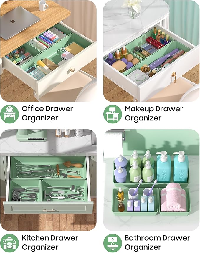 10 Pack Large Size Plastic Drawer Organizers Set, Green