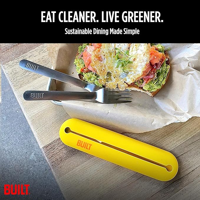 Built Reusable Utensil Set with Silicone Storage Case, Lemon - Lightweight Stainless Steel Fork, Knife, Spoon for Zero Waste Living, Picnics, Lunch Bags - Camping Flatware Sets for Daily Use/Outdoor