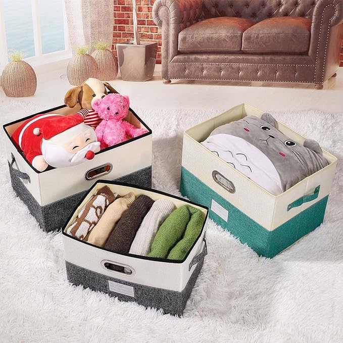 Large Linen Fabric Foldable Storage Bins with Removable Lid and Handles, Washable Storage Box Organizer Containers Baskets Cube with Cover for Bedroom