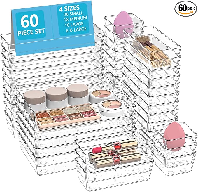 Clear Drawer Organizers Set of 60, 4-Size Vanity Organizer Trays, Stackable Bathroom & Desk Drawer Organizer for Makeup, Jewelry, Kitchen Utensils, Office Supplies and Small Gadgets Storage