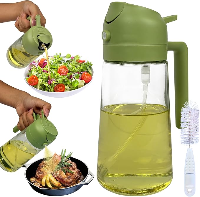 Oil Dispenser, 2 In 1 Cooking Oil Sprayer and Pourer, Non-Drip Spout for Kitchen Oil, Air Fryer, Salad, Grill, 16oz/470ml with clearning brush (Green Cap, Clear Bottle)