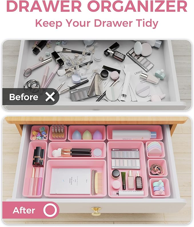 25 PCS Plastic Drawer Organizers Set, 4-Sizes Vanity and Makeup Organizer, Pink