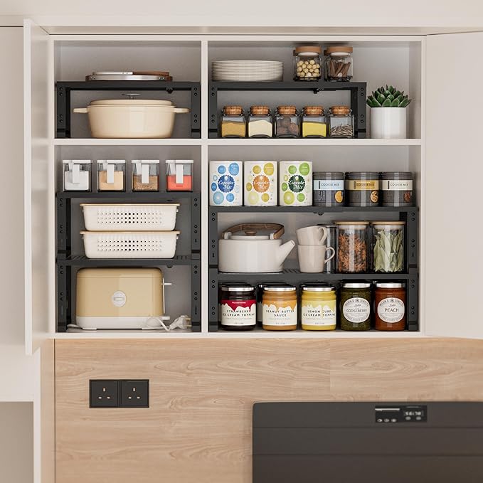 Heavy-Duty Adjustable Metal Shelf Organizer - Expandable & Stackable Pantry Storage Rack for Kitchen, Bathroom, RV, Cabinets(2 Packs/Black, Large)