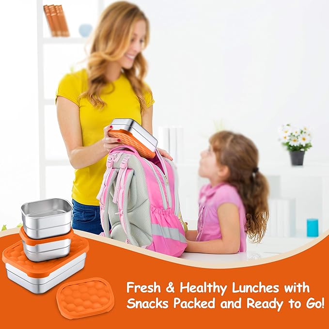Homikit 3 Pack Kids Lunch Box Set, 18/10 Stainless Steel Bento Boxes with Silicone Lids Leak Proof