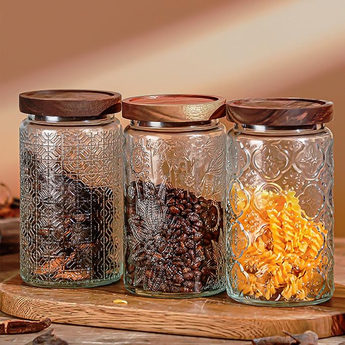 Vintage Glass Jars with Wooden Lids, 34 oz Airtight Glass Food Storage Containers Sets for the Kitchen, Sugar Candy Coffee Cookie Tea Spice Pasta