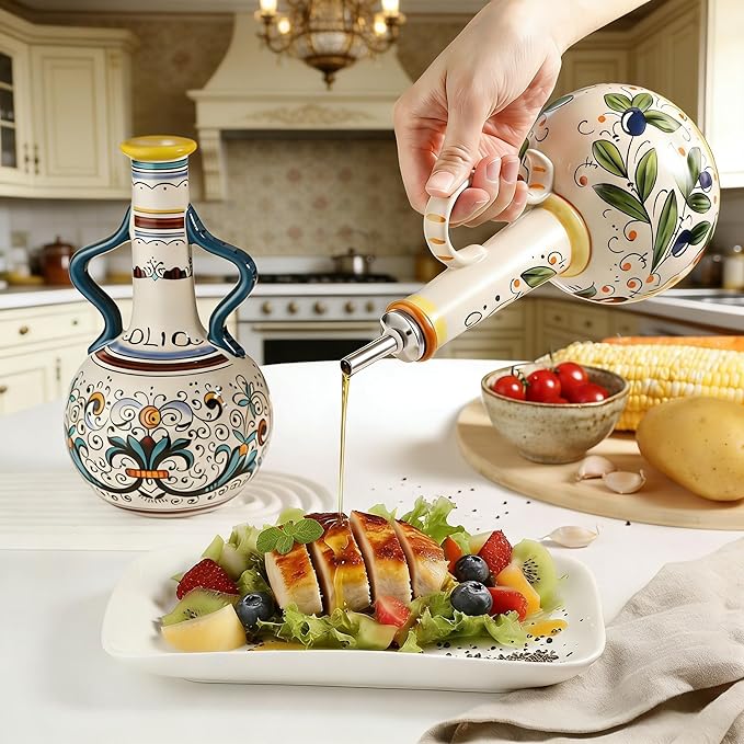 Ceramic Olive Oil Dispenser Bottle 23oz, Large Olive Oil Container for Kitchen, Oil & Vinegar Cruet with Stainless Steel Spout, Ceramic Oil Dispenser with Handle, Drip-Free Cooking Cruet
