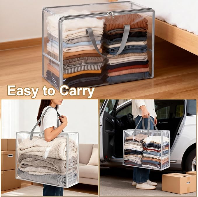 Clear Clothes Storage Bags, 96L Plastic Blanket Comforter Storage Bag, 4 Pack Vinyl Moving Bags,Closet Organizers and Containers for Bedding,Duvet,Toys,Seasonal Clothing,24” Christmas Wreaths,Grey