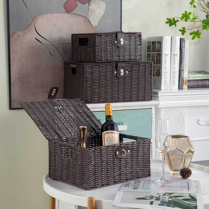 Set of 3 Woven Wicker Storage Basket Box with Lids & Lock, Brown