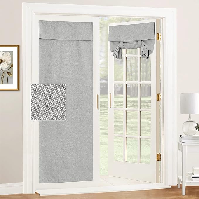RYB HOME Linen Blended French Door Window Curtains, Room Darkening Tricia Door Shades Blinds Portable for Patio/Office/Classroom Privacy, W 26 x L 72 inch, 1 Panel, Grey