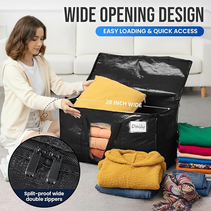 TAILI Extra Large Moving Bags, 8 Pack Black Heavy Duty Totes For Storage with Visible Window, Wrap Around Handles, Storage Bags for Space Saving
