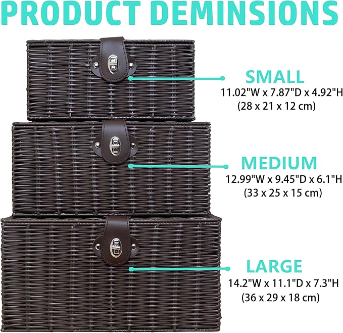 Set of 3 Woven Wicker Storage Basket Box with Lids & Lock, Brown