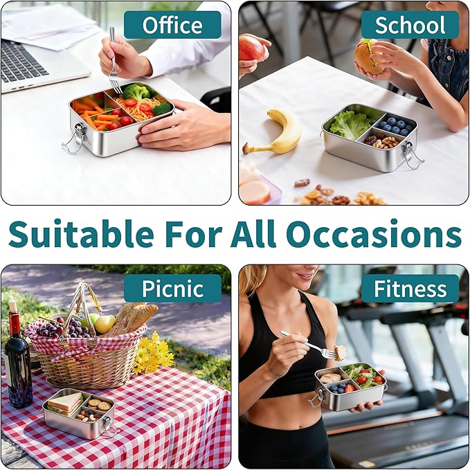 TeamFar Stainless Steel Bento Box, 28oz/850ML Metal Lunch Box with Leak-Proof Lid for Adults/Kids, Lunch Food Containers with 3 Compartments for School/Work/Meal Prep, Heavy Duty & Dishwasher Safe