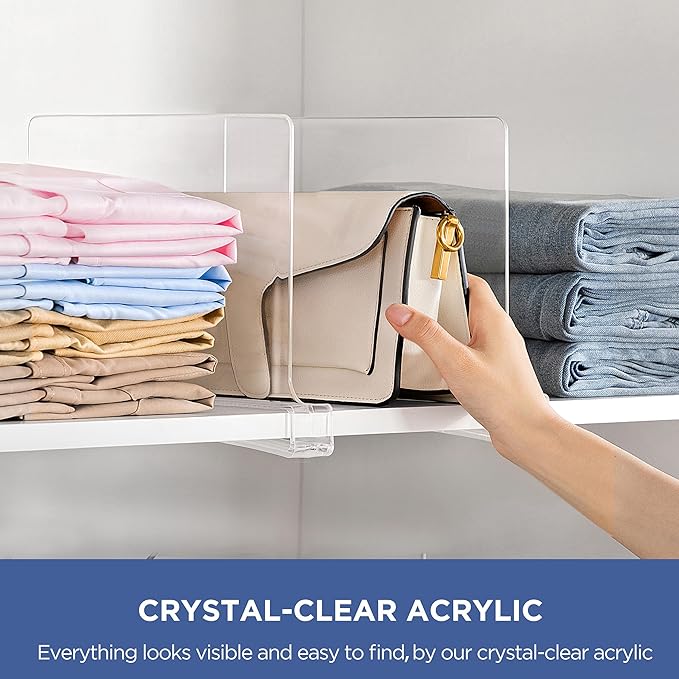 HBlife 18 Pack Clear Shelf Dividers, Vertical Purse Organizer for Closet Perfect for Sweater, Shirts, Handbags in Bedroom and Kitchen, Adjustable Acrylic Bookshelf for Organization
