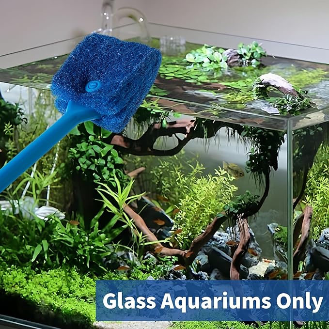 SLSON Aquarium Algae Scraper Double Sided Sponge Brush Cleaner Long Handle Fish Tank Scrubber for Glass Aquariums and Home Kitchen,15.4 inches (1)