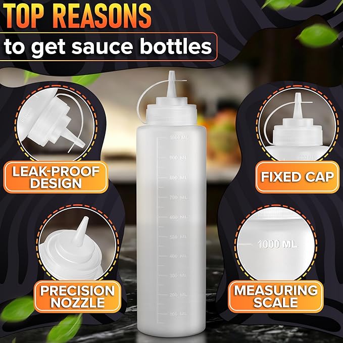 6-Pack Plastic Condiment Squeeze Bottles 36oz – Refillable Squirt Bottles with Narrow Tip, Leak-Resistant | Great for Oil, Sauces, Ketchup, Mayonnaise, Syrup, Dressing, BBQ Stations & Catering Use
