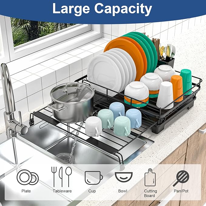 Expandable Dish Drying Rack, Rust-Proof Metal Dish Racks for Kitchen Counter with 360° Swivel Drain Spout, Space-Saving Dish Drainer with Utensil Holder for Small Apartment & Home Organization, Black