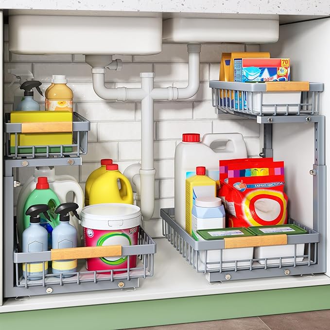 Kitstorack Under Sink Organizer, 2 Tier Under the Sink Storage, Slide out Pull out Cabinet Organizer Shelf