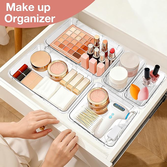 Yummy Sam 16PCS Expandable Drawer Organizers, 2-Size Clear Acrylic Storage Box, Expanding & Adjustable Drawer Organizer for Makeup, Vanity, Bathroom, Kitchen, Office