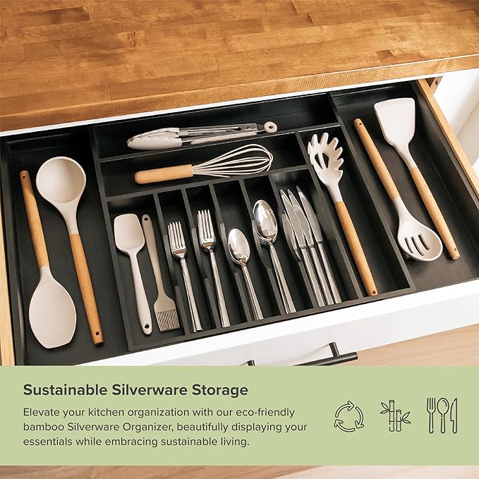 KitchenEdge Premium Silverware, Flatware and Utensil Organizer for Kitchen Drawers, Food-Safe Contract Grade, Expandable from 18 to 33 In, Black Bamboo