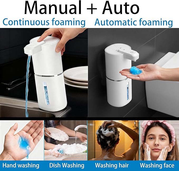 Automatic Touchless Foam Soap Dispenser, 4-Level Adjustable Foam, Continuous Foaming and Self-Cleaning Mode, Type-C Rechargeable, Wall Mount or Countertop (touchless soap Dispenser Liquid)