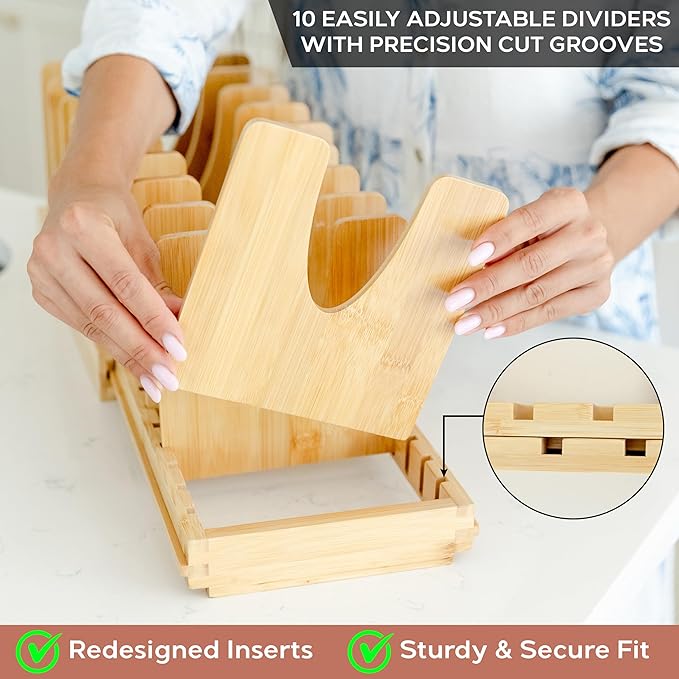 Pot and Pan Organizer for Under Cabinet – Bamboo Pot Lid Organizer for Cabinet with Magnetic Lock, Expandable 2-in-1, Adjustable Dividers, Non-Slip Base for Cutting Boards, Cookie Sheets, Bakeware