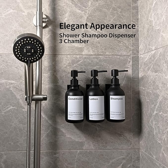 Shampoo Dispenser for Shower Wall, Shampoo and Conditioner Dispenser with 16 Waterproof Labels, Shower Dispenser 3 Chamber No Drill, Shower Soap Dispenser Wall Mounted for Bathroom, 17oz, Black