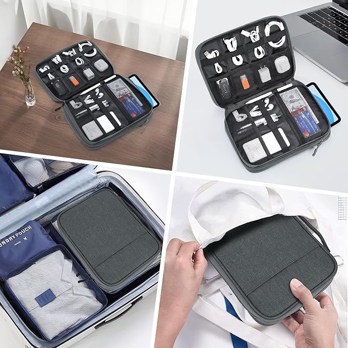 Dadanism Electronics Travel Organizer Case, Double Layers Cord Organizer Travel All-in-One Storage Bag for Cable, Cord, iPad, Chargers, fits 9-11'' Tablets, Portable Tech Accessories Bag, Space Gray
