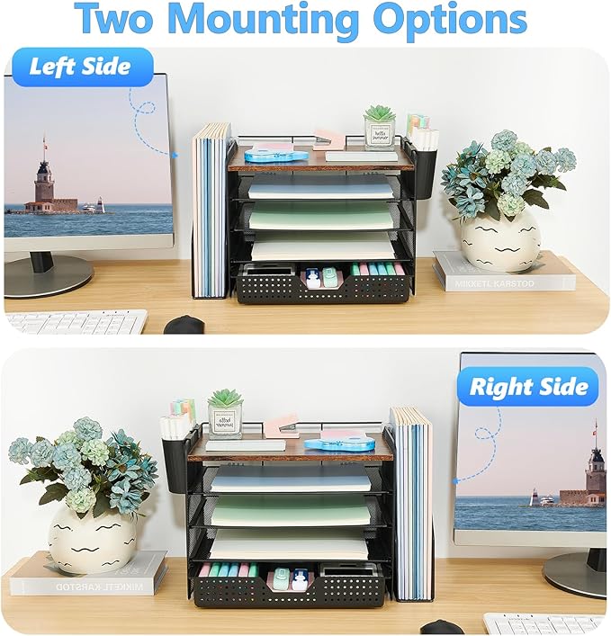 Desk Organizer, 5-Tier Paper File Organizer with Drawer & Pen Holder, Brown Wood