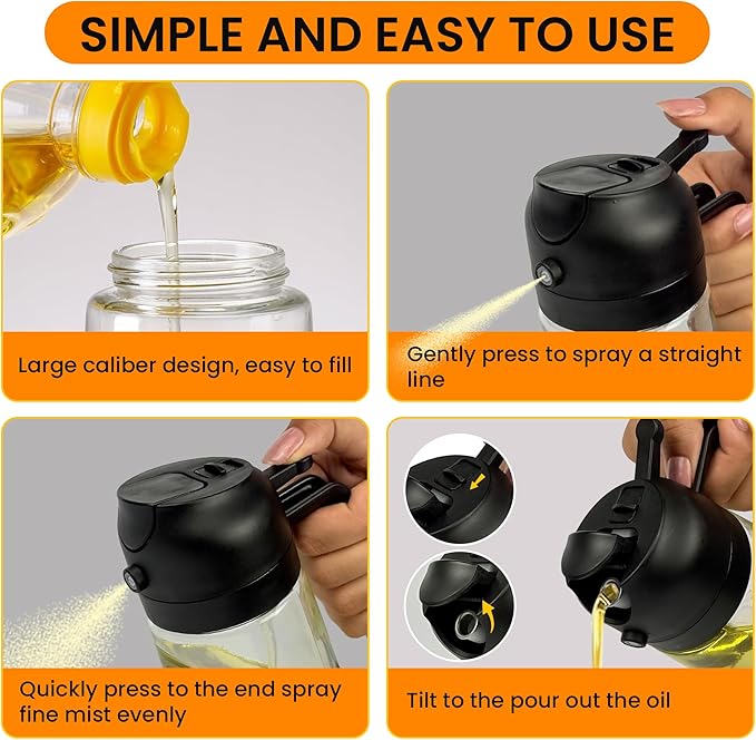 Oil Dispenser, 2 In 1 Cooking Oil Sprayer and Pourer, Non-Drip Spout for Kitchen Oil, Air Fryer, Salad, Grill, 16oz/470ml with Silicone-Encased Base (Black Cap, Clear Bottle)