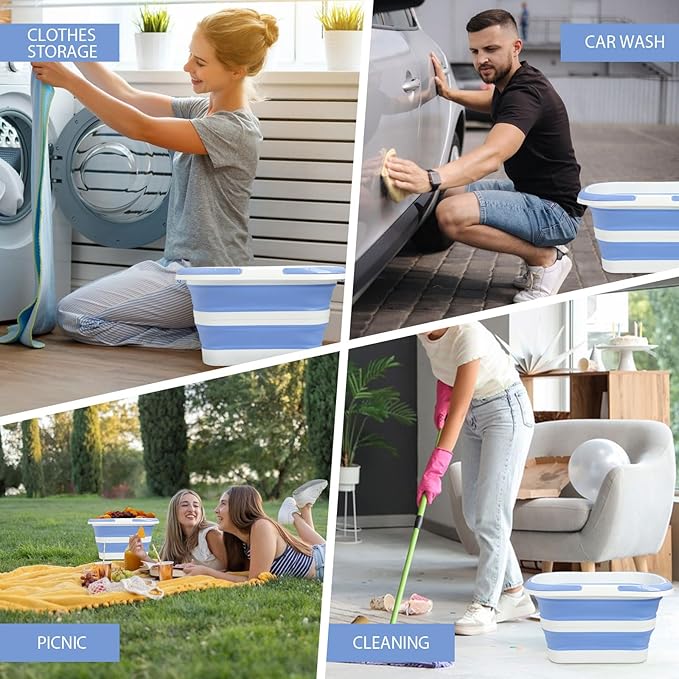Collapsible Mop Bucket 4.2 Gallon(16L), Space-Saving Foldable Cleaning Bucket with Handle & Hanging Hole for Home, Swimming Pool, Camping, Car Wash & Outdoor(Blue White)