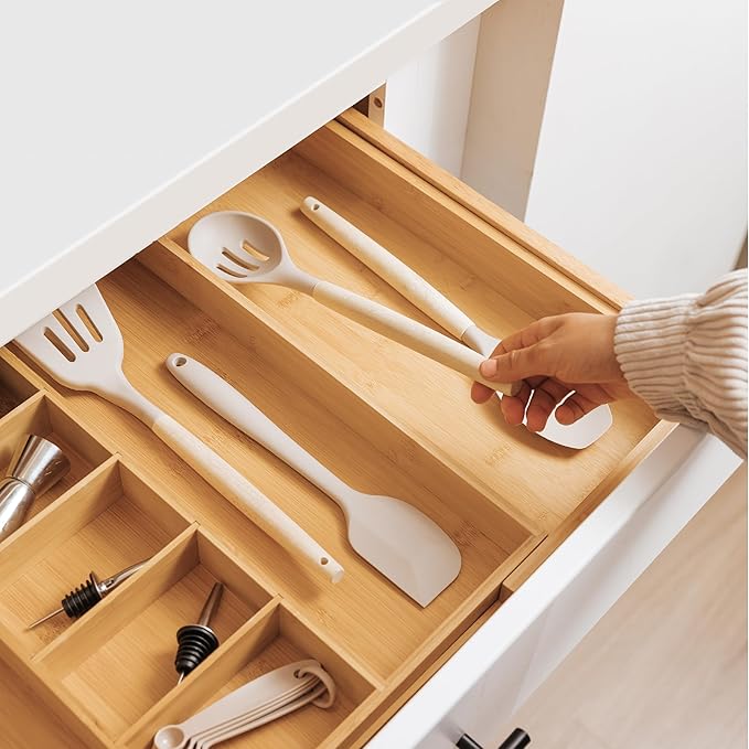 KitchenEdge Adjustable Kitchen Drawer Organizer for Utensils and Junk, Food-Safe Contract Grade with 100% Sustainable Wood