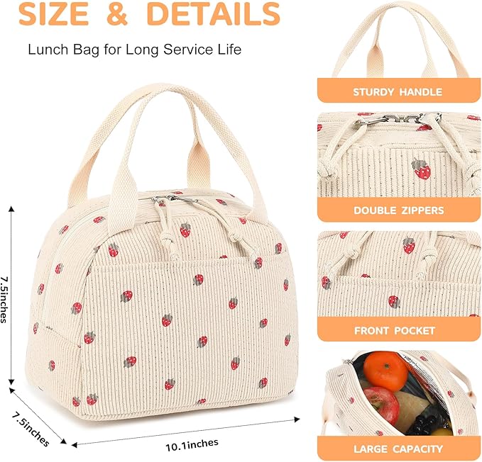 Bluboon Corduroy Lunch Bag - Large, Reusable Insulated Tote for Work/Picnic