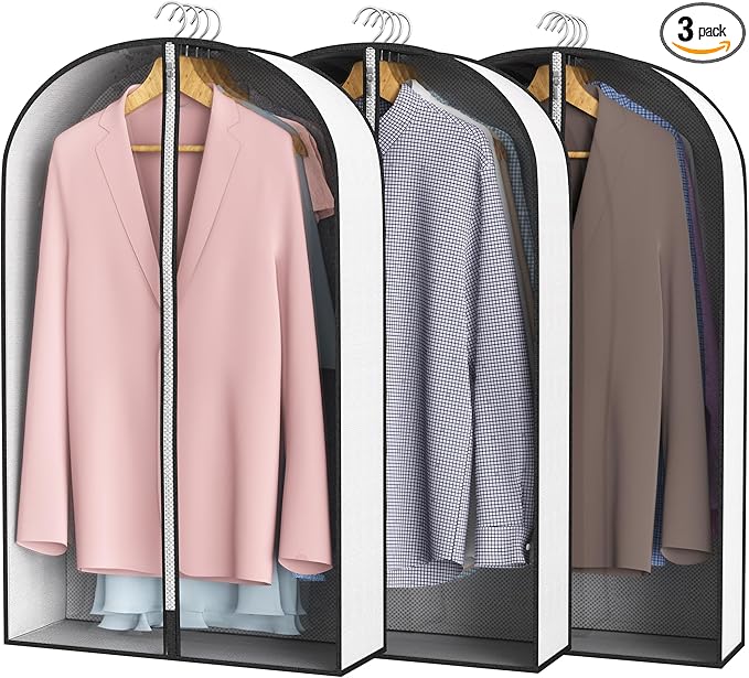 Liuoud 40” Garment Bags for Hanging Clothes 4” Gusseted - with Clear Window, Breathable Fabric, Metal Zipper, Suit Coat Dress Protector for Clothes Closet storage, Season Off, Moving, 3 Pack