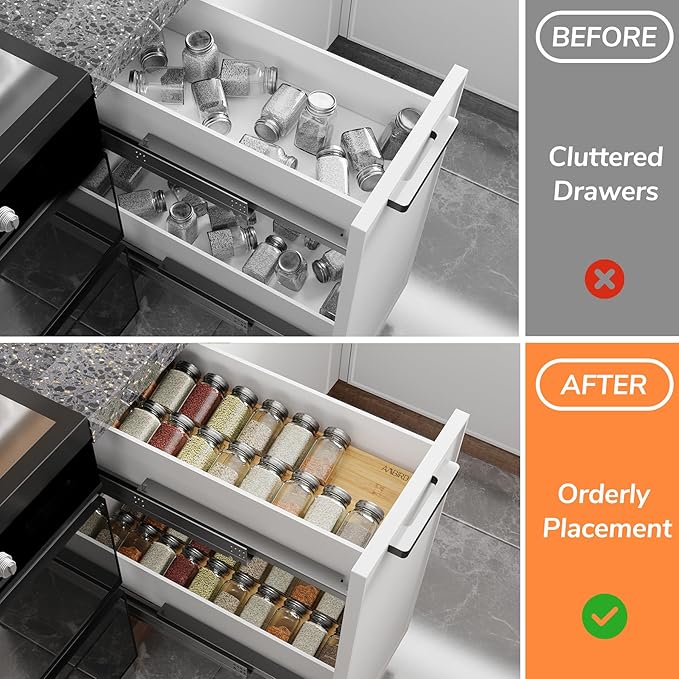 Bamboo Spice Drawer Organizer with Non-slip Mat