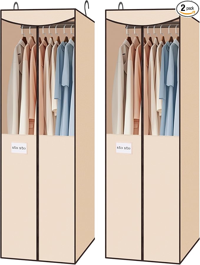 STO STO 2 Pack Garment Bag for Hanging Clothes Closet, Hanging Garment Cover with Built-in Steel Hanging Rod, Hanging Wardrobe Storage Bag for Suit, Dress with Clear Window, Zipper, ID Card, Beige